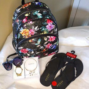 Guess black and flower backpack purse with Guess black and gold flip flops